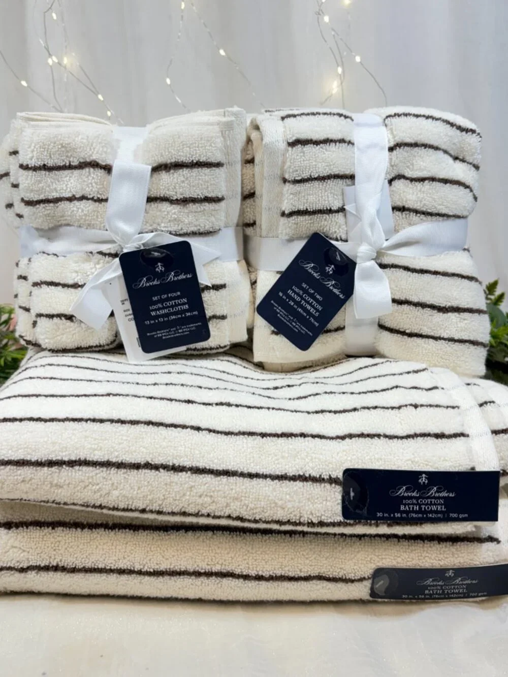 8pc BROOKS BROTHERS Premium Turkish Towel Set Striped Ivory & Dark Brown 700 Gsm